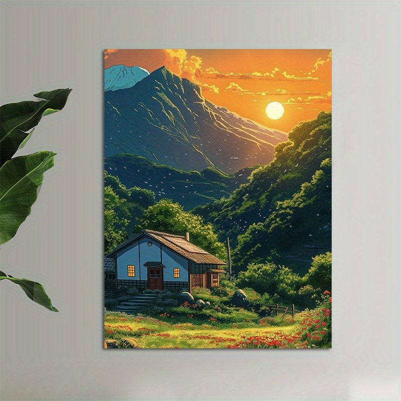 1pc Mountain Cabin Sunset Canv - مراجعة Canvas Wrap Ready وسعره
